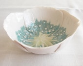 Handmade white porcelain poppy bowl, with aqua and lime ceramic glazes - VanillaKiln
