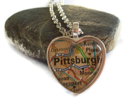 Pittsburgh  Map Necklace, Pennsylvania,  Heart Pendant