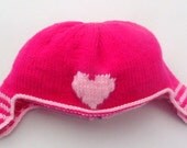 Bright Pink Aviator Style Toddler Hat with Pale Pink Heart and Stripes Size 2-3 years (24-36 months)