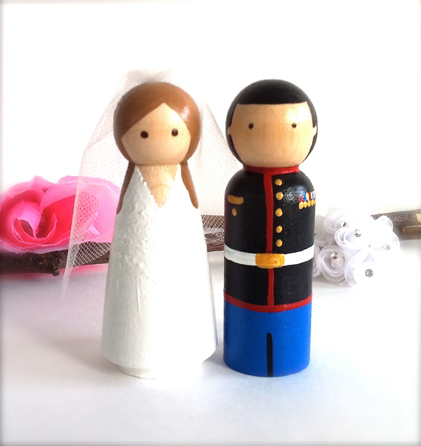 Army Marines Wedding Cake Topper Custom Uniform Bride and Groom Navy Fire Man Woman Marines Navy Sailors Police Man Wood Peg Dolls
