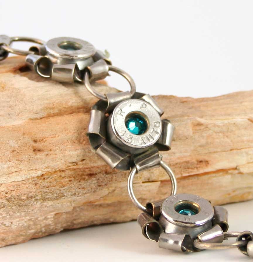 Bullet Bracelet, Nickel 45 ACP Casing Rosettes with Swarovski Crystals, Sterling Silver Links