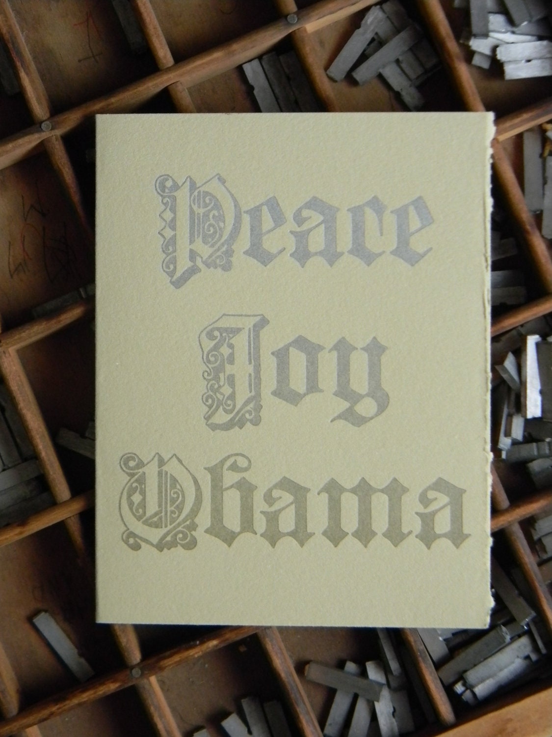 CLEARANCE SALE Peace Joy Obama Silver and Gold Letterpress Notecard - Set of 10 Cards
