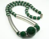 Art Deco Czech Machine Age Forest Green Glass Silver Tone Necklace