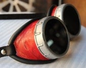 Red leather steampunk goggles - silver lense caps