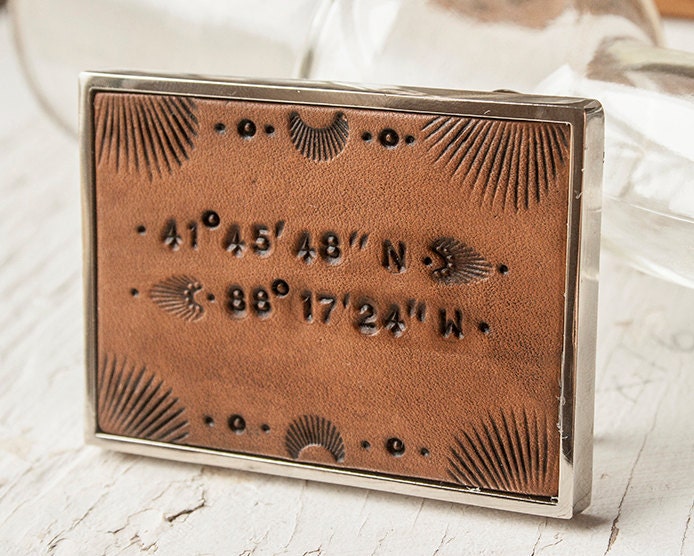 Leather Belt Buckle - Latitude and Longitude GPS Coordinates - Unisex hand tooled and customized - choice of stain color