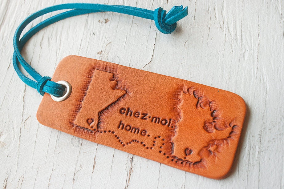 Journey luggage tag or key ring - Hand tooled Canadian Provinces - Leather keychain - travel, long distance