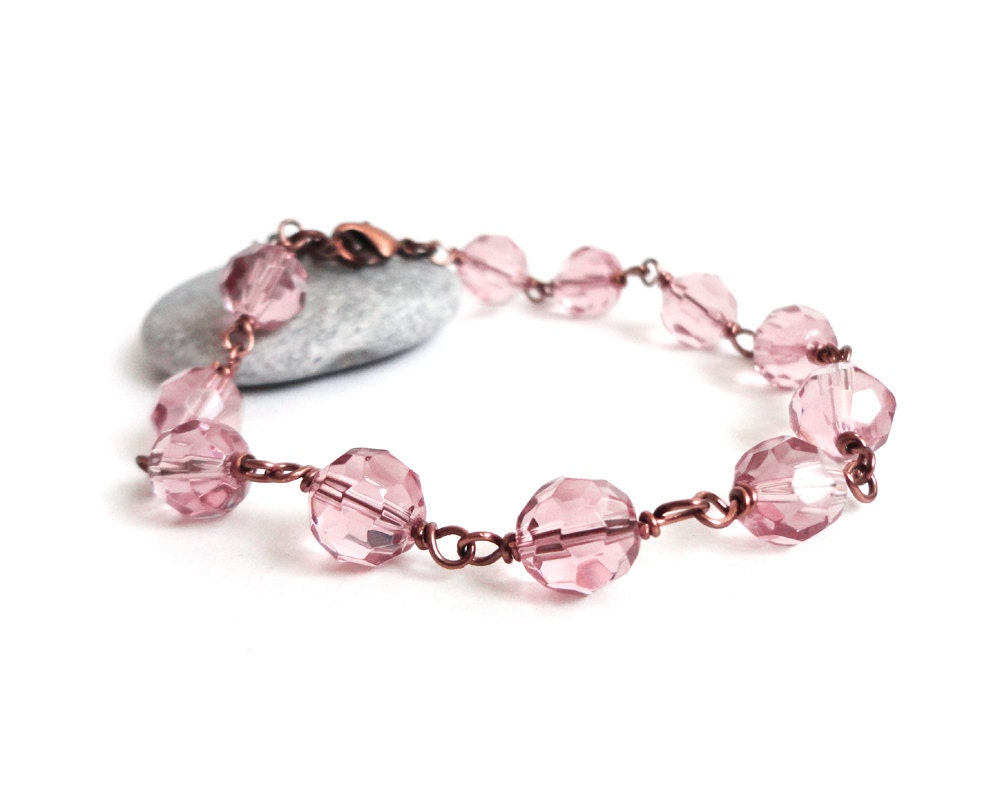 Pink glass bracelet sparkly rose smoke antiqued copper brown wire wrapped elegant