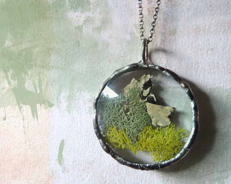 Green Moss Lichen Pendant Necklace. Sterling Silver Chain. Round Medium Glass Lens. Woodland Jewelry