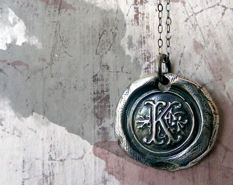 Wax Seal Personalized Monogram Silver Necklace. Custom Initial Letter. Vintage Inspired Fine Silver Artisan Jewelry