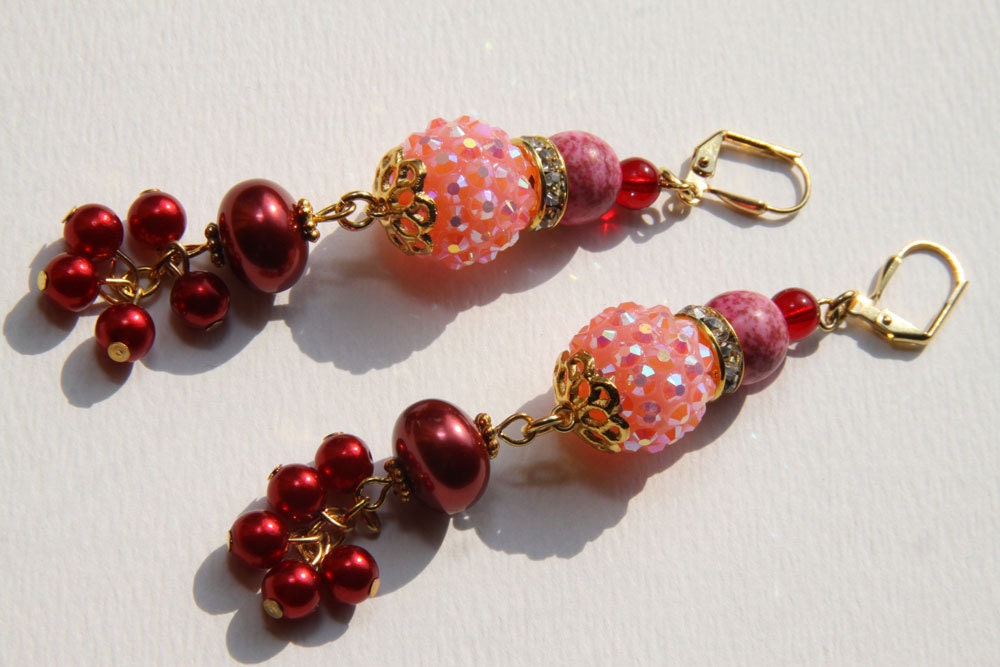 3" 1/2 L Pink turquoise, Pink rhinestone, red berries, dangle, drop earrings