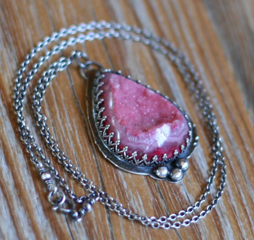 Blushing Druzy Necklace, Bezel Set, Oxidized