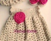 0-3 months Baby Girl Dress in Cotton, Shoes/Booties and Sunhat set in Ecru and Hot Pink