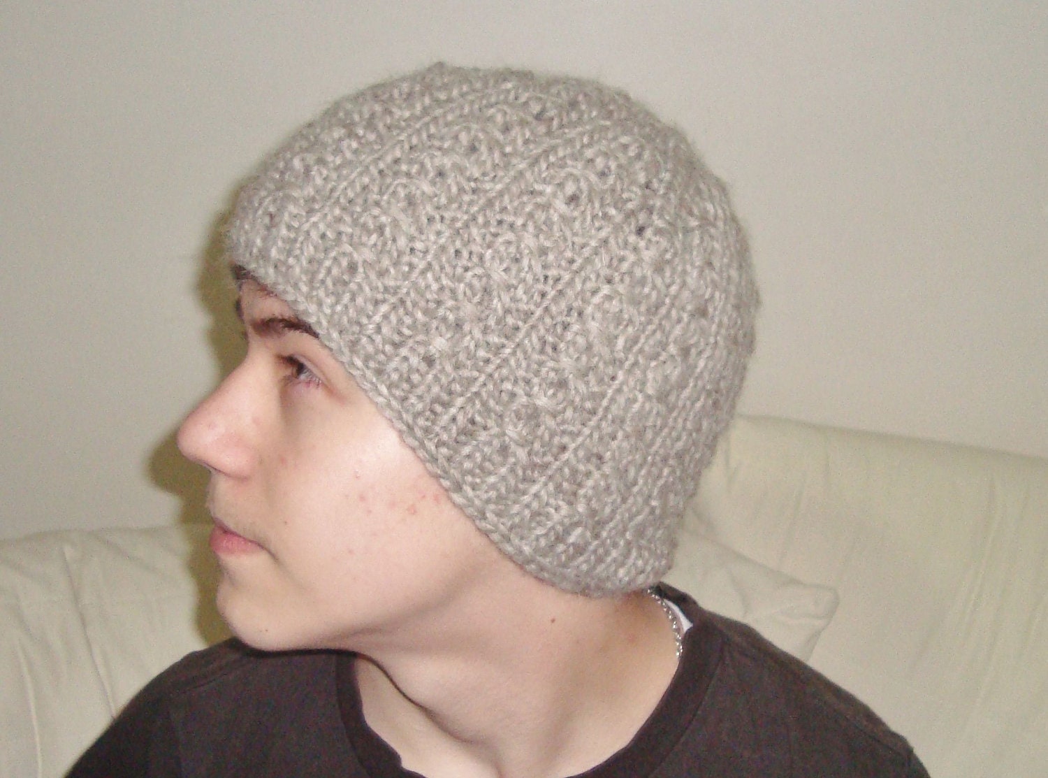 Hand Knit Hat Mens Hat - Cable Beret Hat in Beige