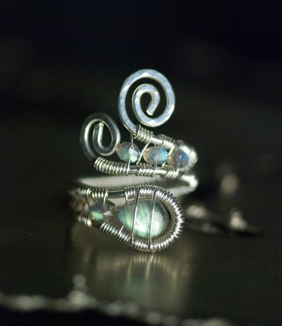 Labradorite Ring, Nickel Free, Argentium Silver Ring - AA Blue Green Fire Labradorite, Iridescent, Blue Flame - "Luna" Moss & Mist Jewelry