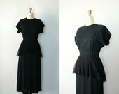 Vintage 1940s Dress -  Black Rayon Gown w/ Long Lace Peplum Waist -  My Lady Waits