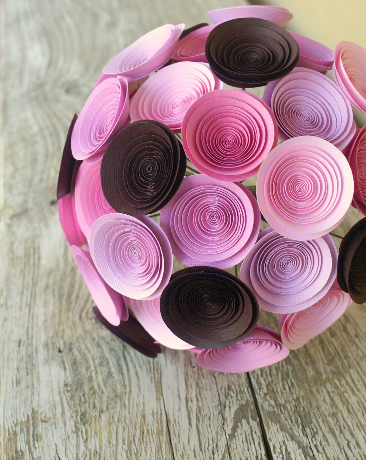 Pink and Brown Large Bridal Bouquet, Paper Flower Bouquet in Pale Pink and Chocolate Brown, Handmade Bouquet