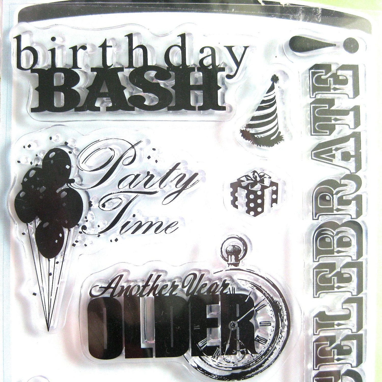 Birthday, surprise, celebrate, card making clear rubber stamp set.