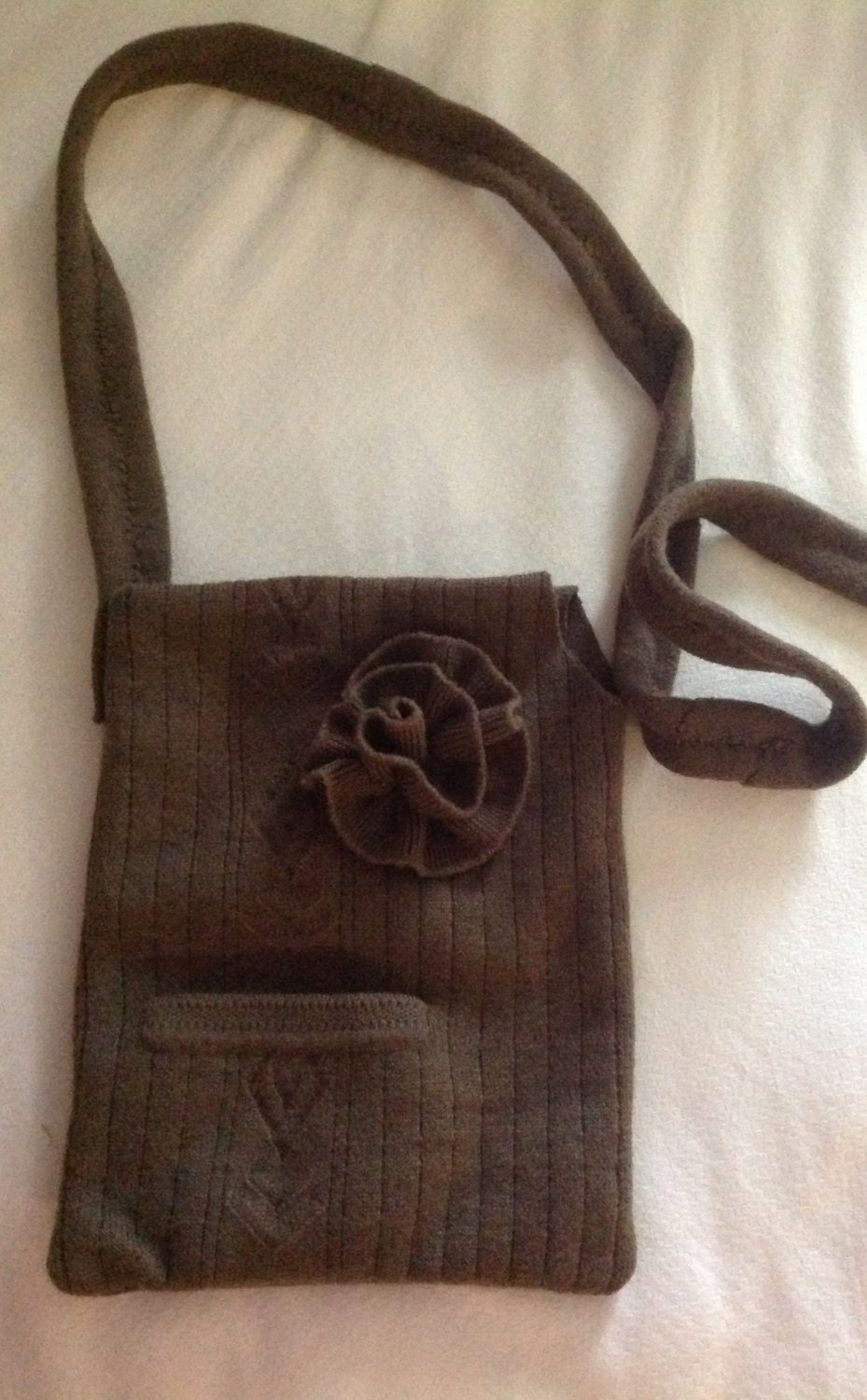 Felt moss Green  ipad case messenger bag earth tone with large felted flower Upcycled Sweater Argyle Messenger Bag Attached burgundy  flower