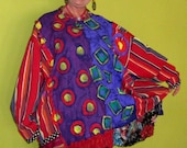 Crazy fun Hand painted over sized Cotton Shirt Tunic Red Purple blue fits up to 5x