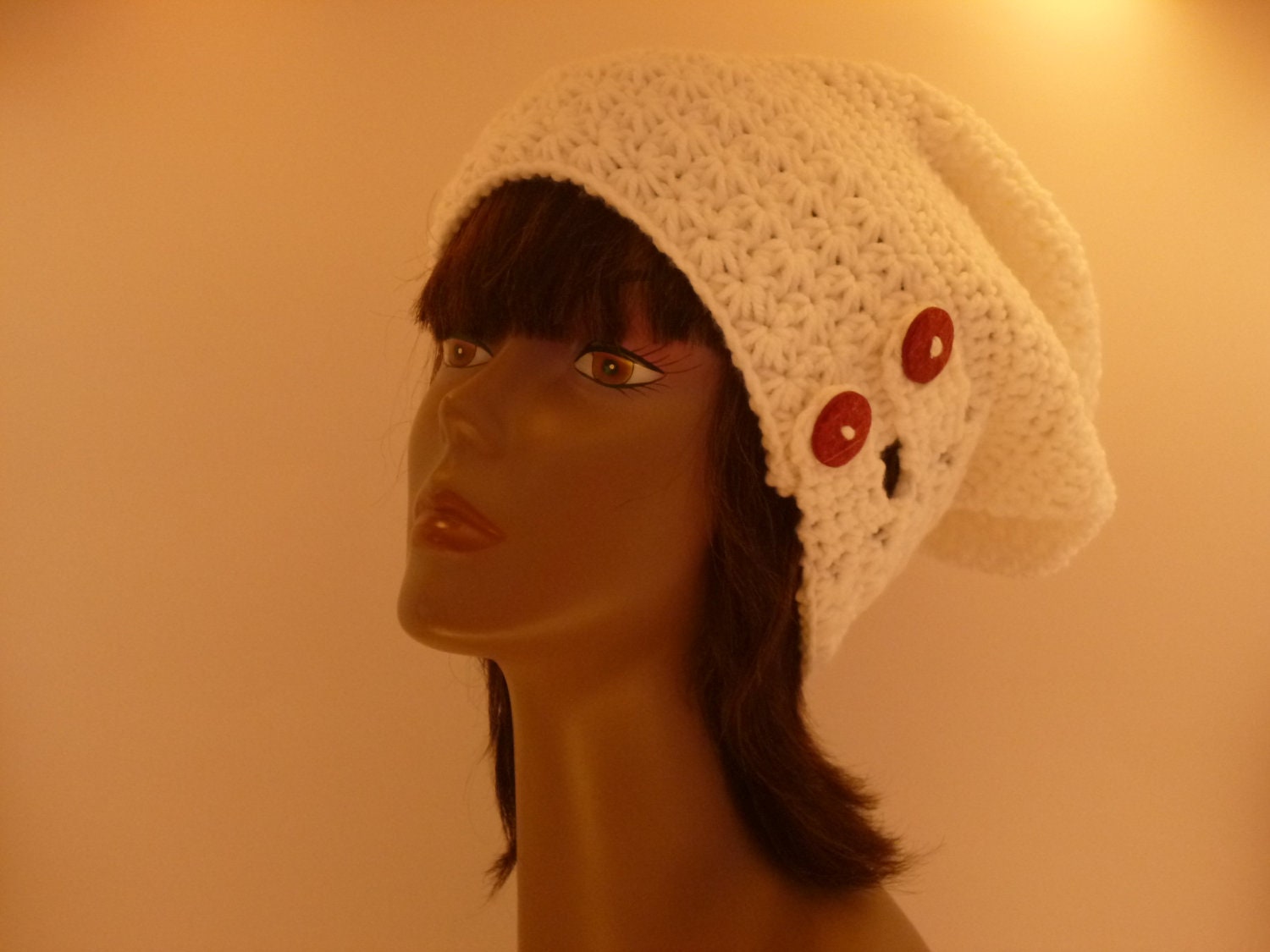 Womens Slouch Hat  Collection -Crochet White Star Stitch Oversized Slouch Hat With Button Tabs