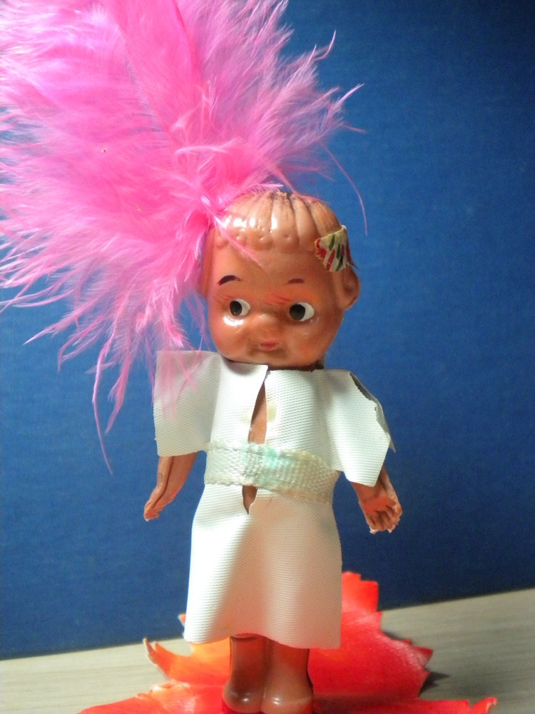Small Vintage Celluloid Jointed Indian Girl Doll w/ Feather Googly Flirty Eyes