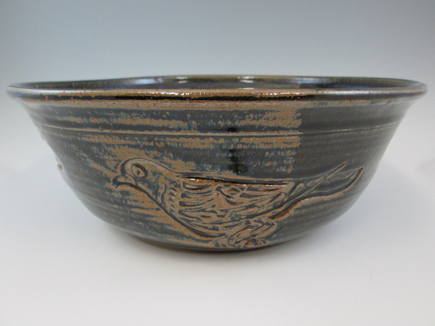 Large Blue Stoneware Bowl with Bird Imprint