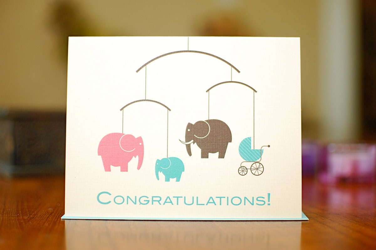 Elephant Family Mobile New Baby Boy Congratulations Card - 100% Recycled Paper