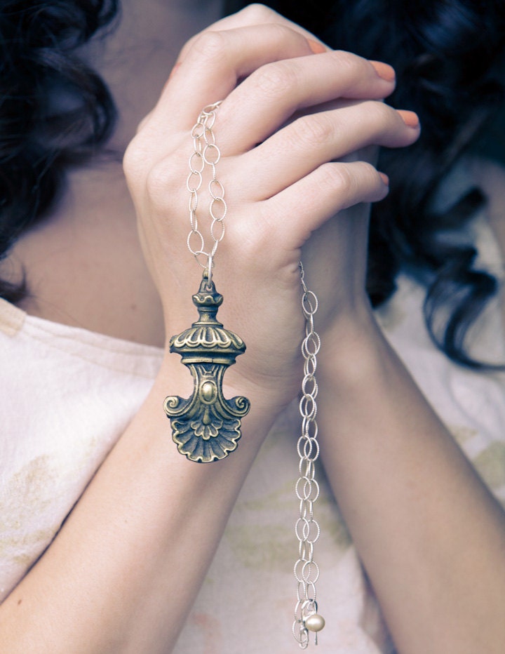 Ornate Antique Bronze Pendant Necklace with Sterling Silver Chain and Fresh Water Pearl