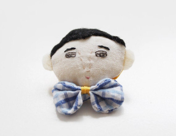 SALE blue plaid bow-tie boy brooch