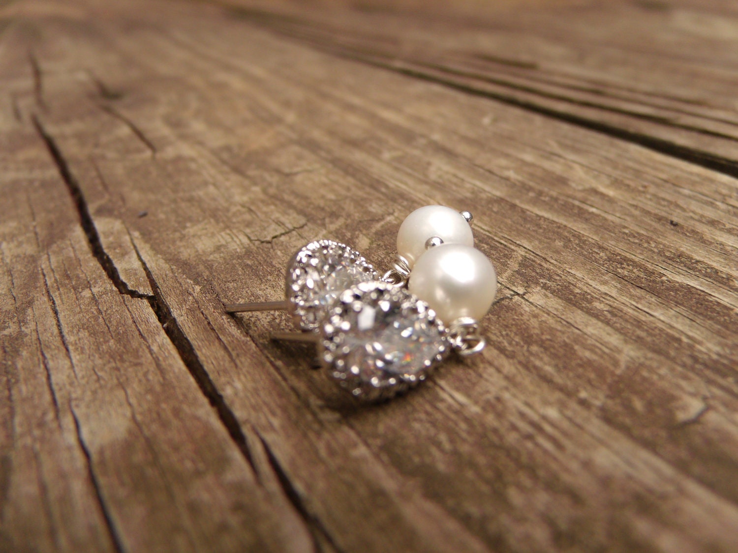 Freshwater Pearl and CZ Pear Earrings