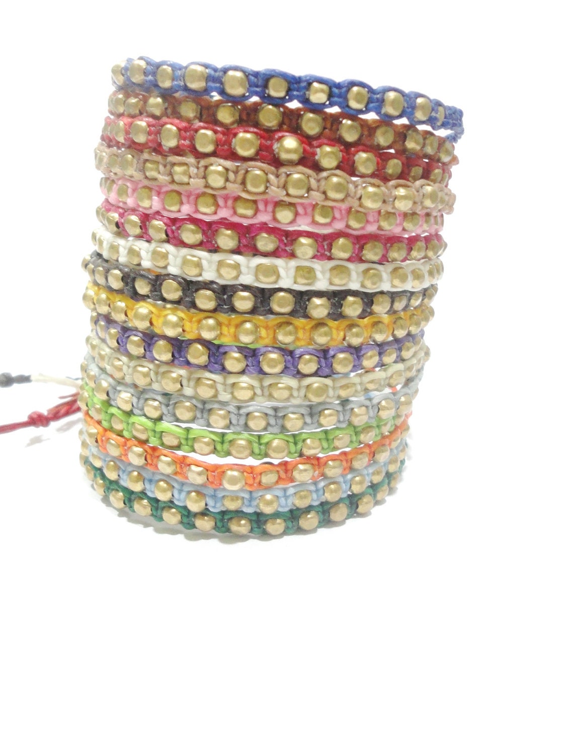 Thai Handmade Jewellery - Fair Trade Round Brass Ball Beads Wax Cotton Blessed Thai Buddhist Wristband Bracelet - Multi Colored Rainbow