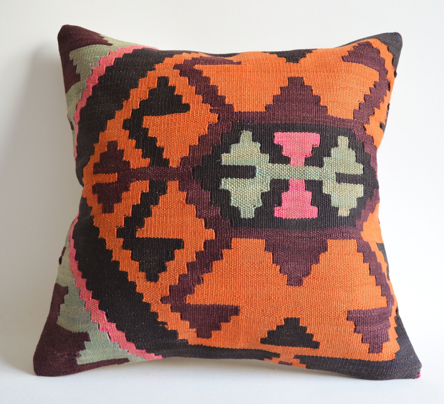 Sukan / Organic Modern Bohemian Throw Pillow. Handwoven Wool Vintage Tribal Turkish Kilim Pillow Cover. 16x16 inch orange