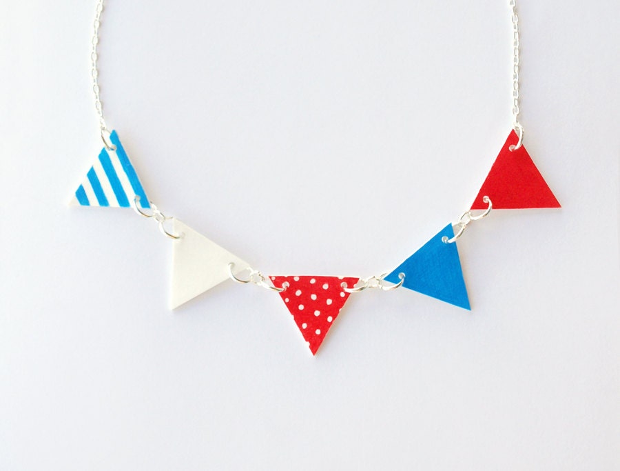 Bunting - Red, White and Blue Hand Drawn Necklace - Made To Order