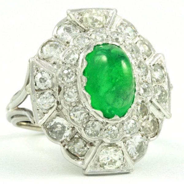 Emerald Diamond Ring - White gold cabochon green emerald 2 carat diamond setting Vintage jewelry 1920