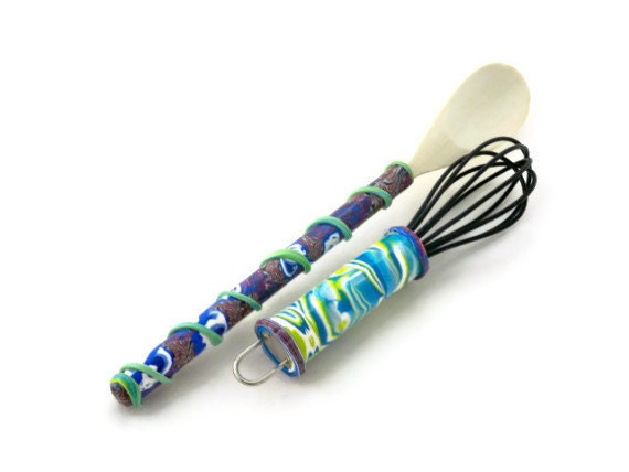 Kitchen tool set mini whisk and wooden spoon unique handles polymer clay