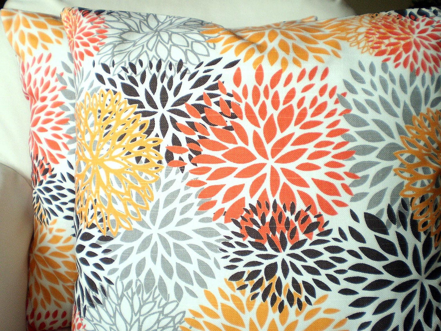 Throw Pillow Decorative Pillow Accent Pillows Cushion Covers Orange Gray Taupe White  Blooms BOTH SIDES - Pair of Two 18 x 18