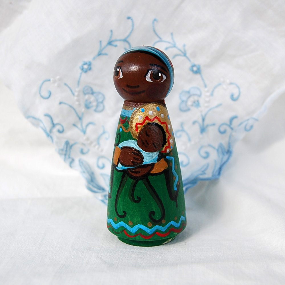 African Madonna and Child Jesus Catholic Saint Doll - Wooden Pro Life Gift - Made to Order