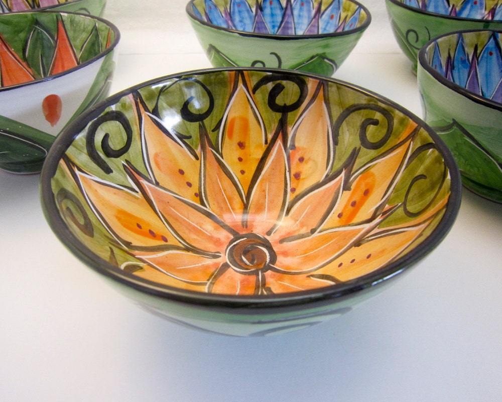 Serving Bowl Ceramic Earthenware Majolica Clay Pottery Orange Red Lotus Bowl on Olive Green
