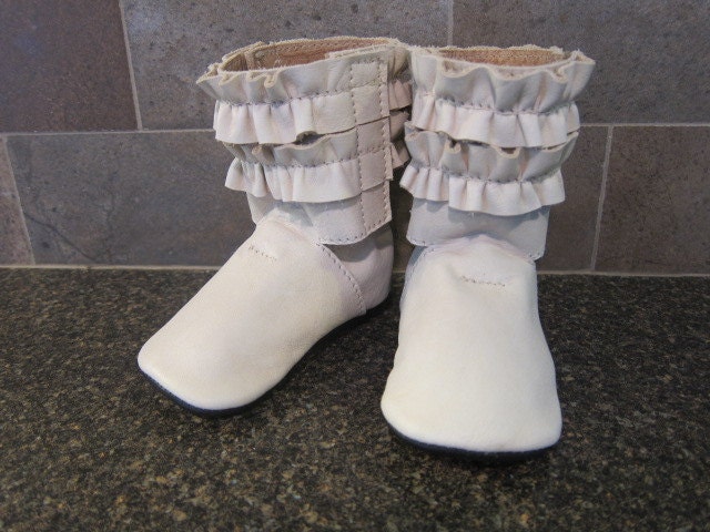 Leather Baby Boots Soft Sole Shoes Ruffled Boot Cream in Size 3 Ready-to-Ship