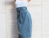 High Waist Pencil Skirt Womens Clothing in Distressed Blue Gray Slate Twill Custom Made - FineThreadz
