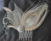 Hair Accessory,bridal comb, wedding  comb ,bridal head piece,wedding hair piece,Ivory-champagne peacock Feathers