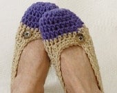 Crochet Slippers Womens Two Tone  Flats Natural  Plum Purple