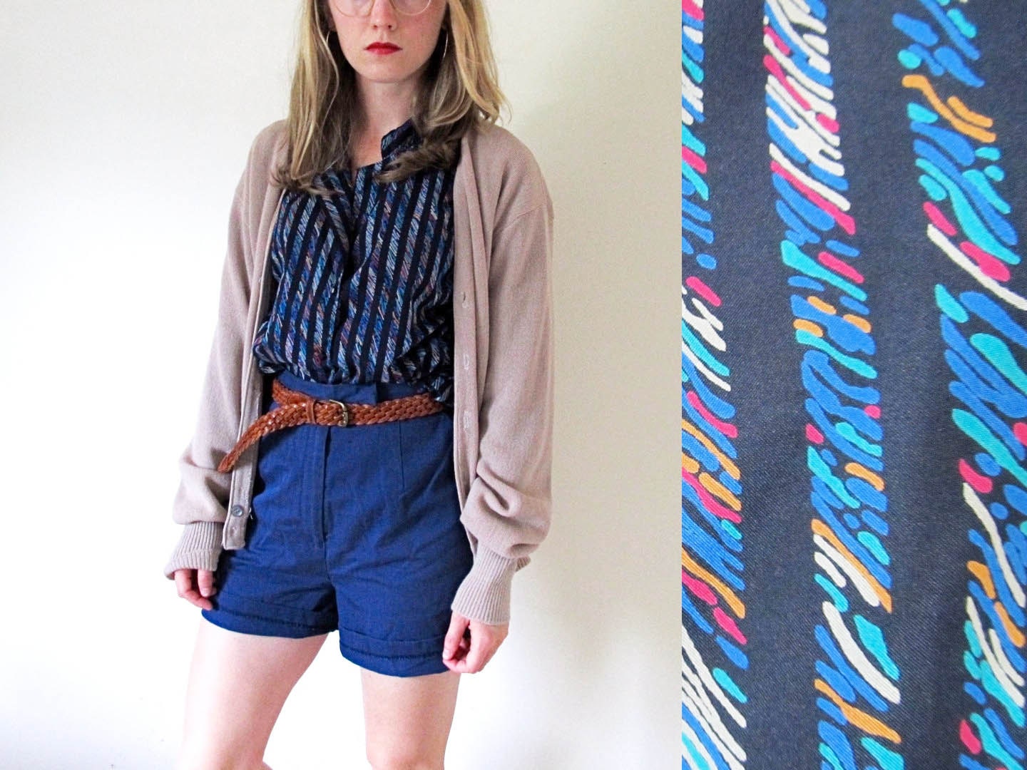 vintage 1980s Blouse // Diane Von Furstenberg // Silky Striped // Blue, Multicolored // L
