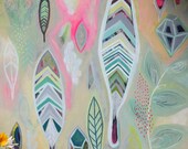 Feathers and Gems Original Acrylic Pastel Neon Painting on Canvas