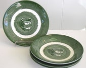 Vintage Colonial Homestead by Royal Saucers (set of 4) - green and white - 1950s dishes - dark green - barrel