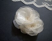 Double Flower Bridal Hair Comb Chiffon and Lace Handmade Wedding