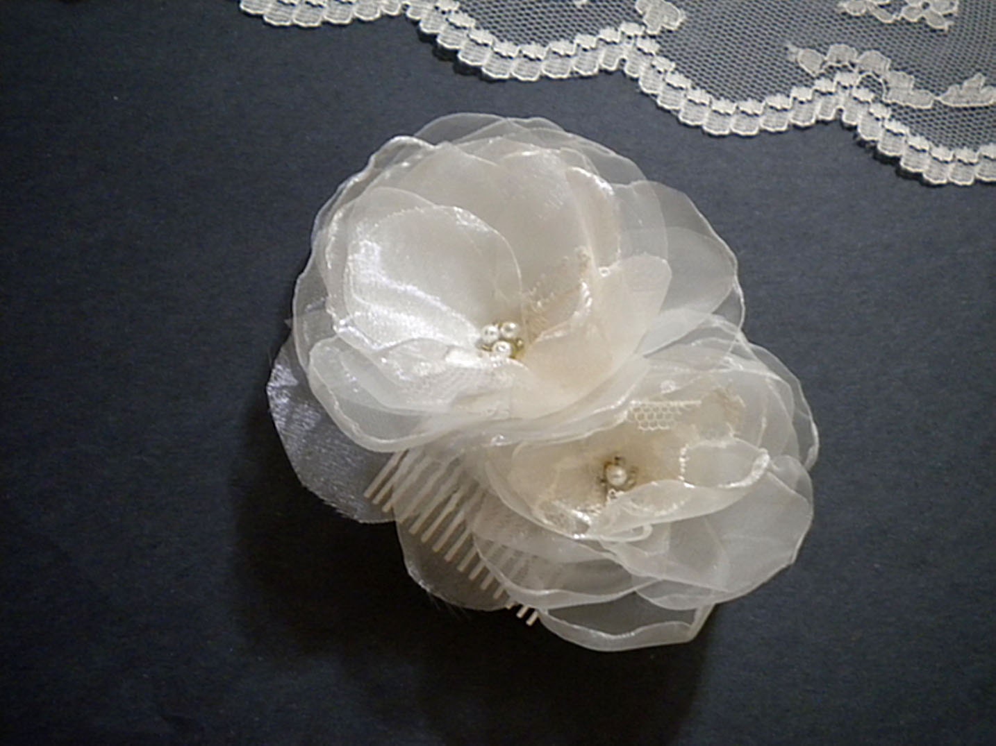 Double Flower Bridal Hair Comb Chiffon and Lace Handmade Wedding