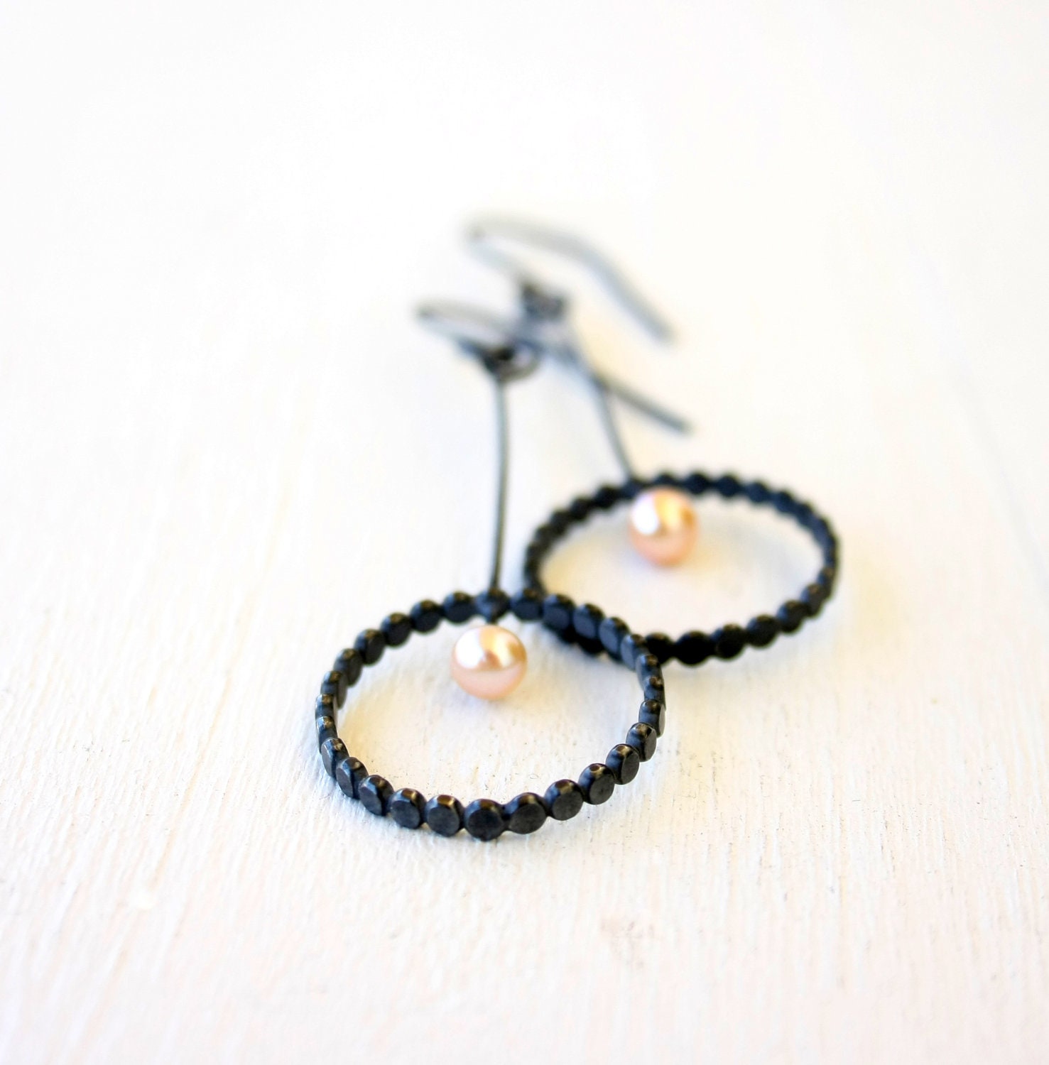Open circle dangle earrings / peach pearl earrings in silver / geometrical minimal design Handmade Gifts Under 75 FREE SHIPPING