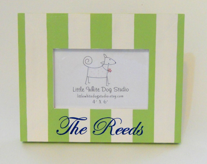 Personalized Picture Frame Soft Green and White Stripe with Navy Lettering