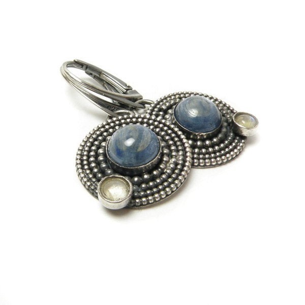 Silver metalwork earring , gemstone fine jewelry , sterling blue earring , retro earring